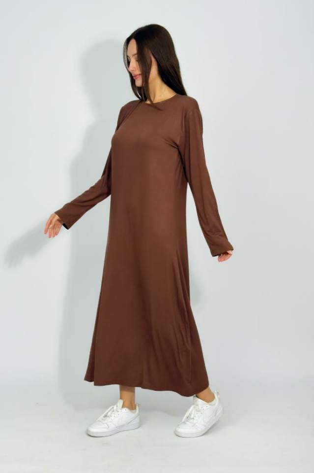 Kadın Yazlık Uzun Kollu Viskon Midi Boy Bisiklet Yaka Elbise Kahve - 2XL/3XL