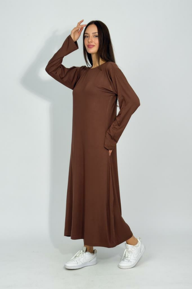 Kadın Yazlık Uzun Kollu Viskon Midi Boy Bisiklet Yaka Elbise Kahve - 2XL/3XL