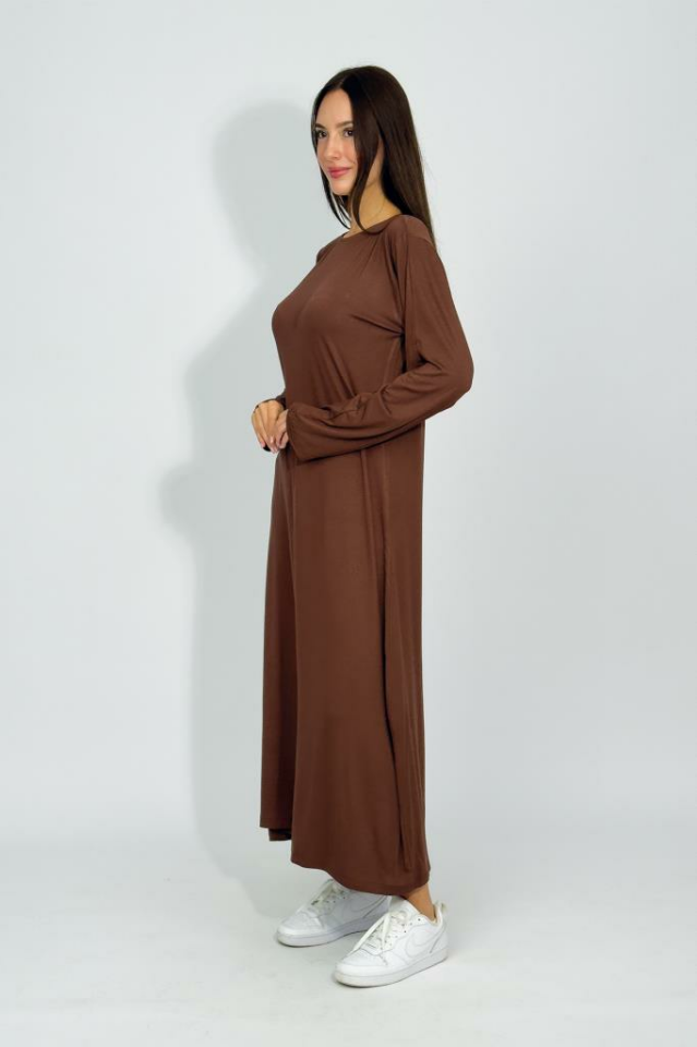 Kadın Yazlık Uzun Kollu Viskon Midi Boy Bisiklet Yaka Elbise Kahve - 2XL/3XL