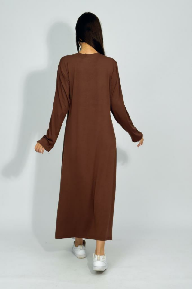 Kadın Yazlık Uzun Kollu Viskon Midi Boy Bisiklet Yaka Elbise Kahve - 2XL/3XL