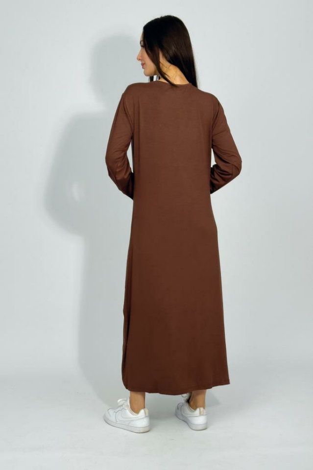 Kadın Yazlık Uzun Kollu Viskon Midi Boy Bisiklet Yaka Elbise Kahve - 2XL/3XL