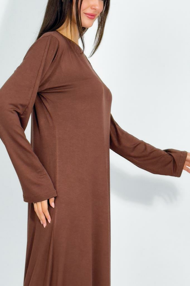 Kadın Yazlık Uzun Kollu Viskon Midi Boy Bisiklet Yaka Elbise Kahve - 2XL/3XL