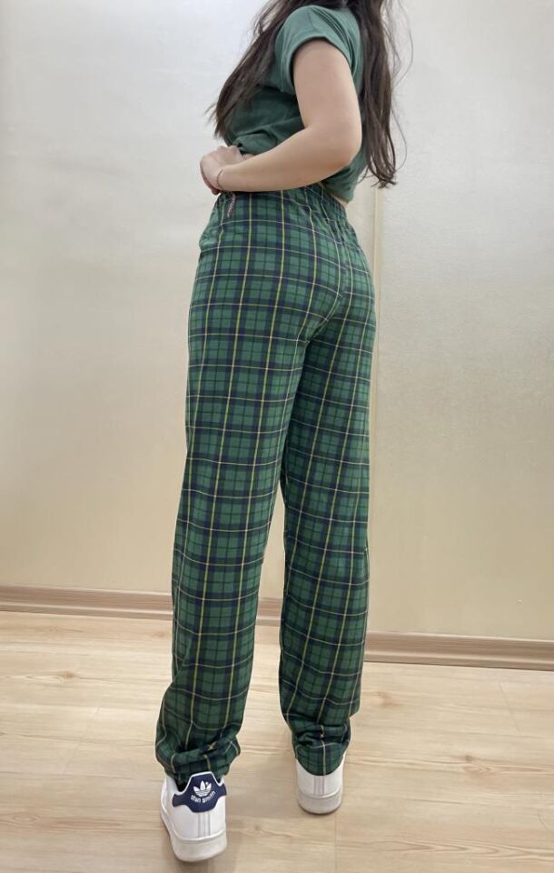 Kadın Lastikli Bel %100 Pamuk Kurdeleli Desenli Pijama Altı YEŞİL - S