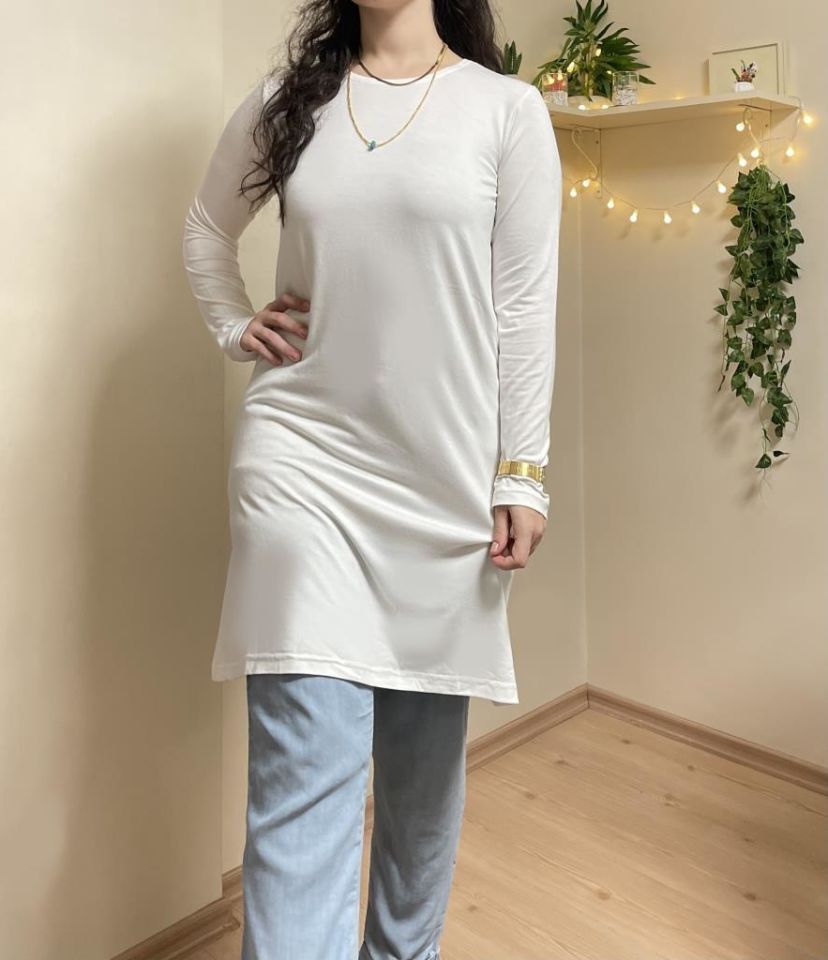  Kadın Uzun Kol Bisiklet Yaka Penye Tunik Içlik Dış Giyim EKRU - S/M