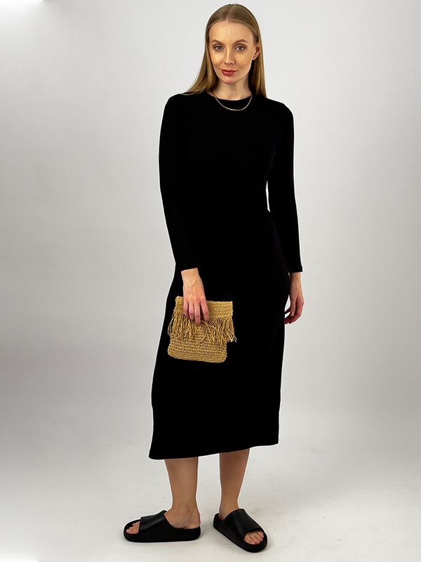 Kadın Yazlık Uzun Kollu Viskon Midi Boy Bisiklet Yaka Elbise SİYAH - L/XL