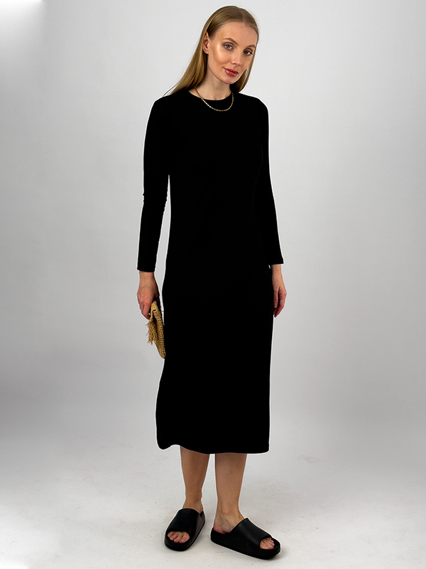 Kadın Yazlık Uzun Kollu Viskon Midi Boy Bisiklet Yaka Elbise SİYAH - L/XL