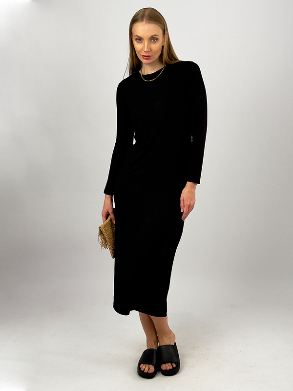 Kadın Yazlık Uzun Kollu Viskon Midi Boy Bisiklet Yaka Elbise SİYAH - L/XL