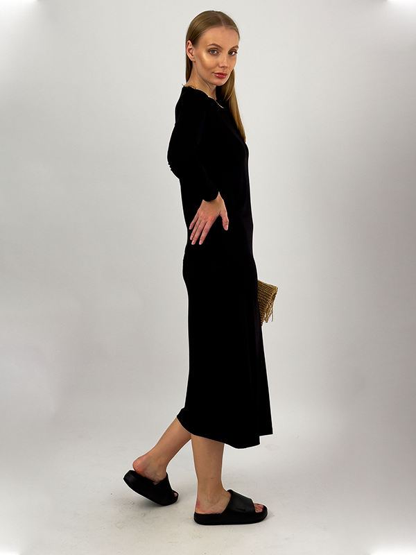 Kadın Yazlık Uzun Kollu Viskon Midi Boy Bisiklet Yaka Elbise SİYAH - L/XL