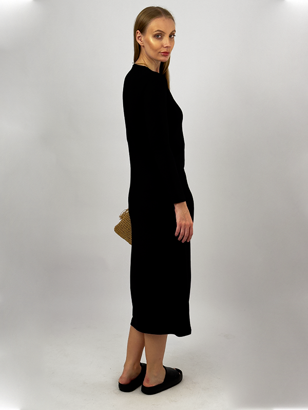 Kadın Yazlık Uzun Kollu Viskon Midi Boy Bisiklet Yaka Elbise SİYAH - L/XL