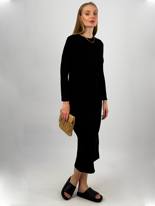 Kadın Yazlık Uzun Kollu Viskon Midi Boy Bisiklet Yaka Elbise SİYAH - 2XL/3XL