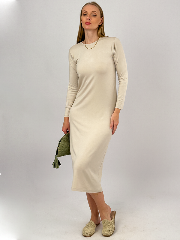 Kadın Yazlık Uzun Kollu Viskon Midi Boy Bisiklet Yaka Elbise BEJ - S/M