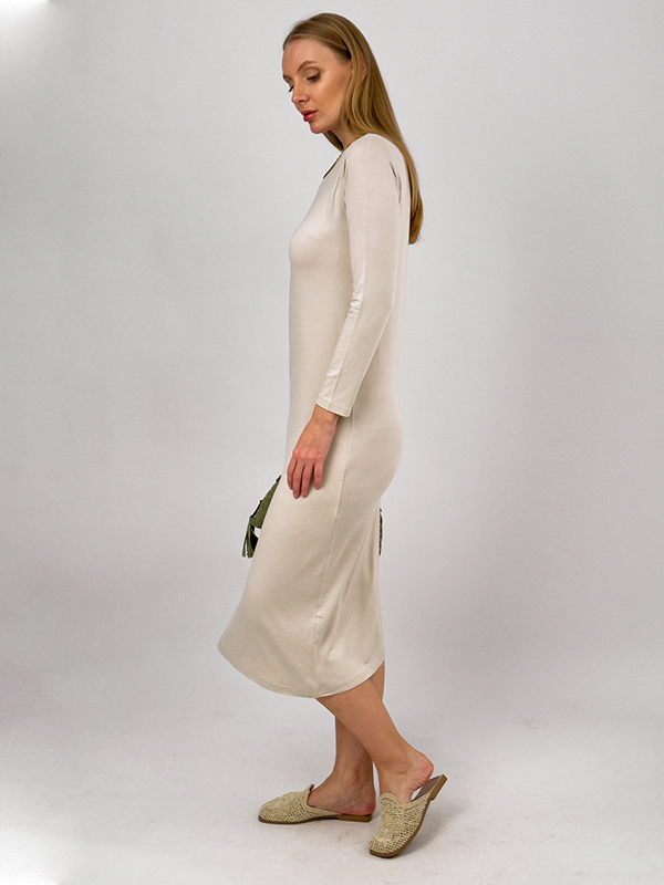 Kadın Yazlık Uzun Kollu Viskon Midi Boy Bisiklet Yaka Elbise BEJ - S/M