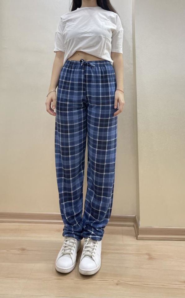 Kadın Lastikli Bel %100 Pamuk Kurdeleli Desenli Pijama Altı MAVİ - L
