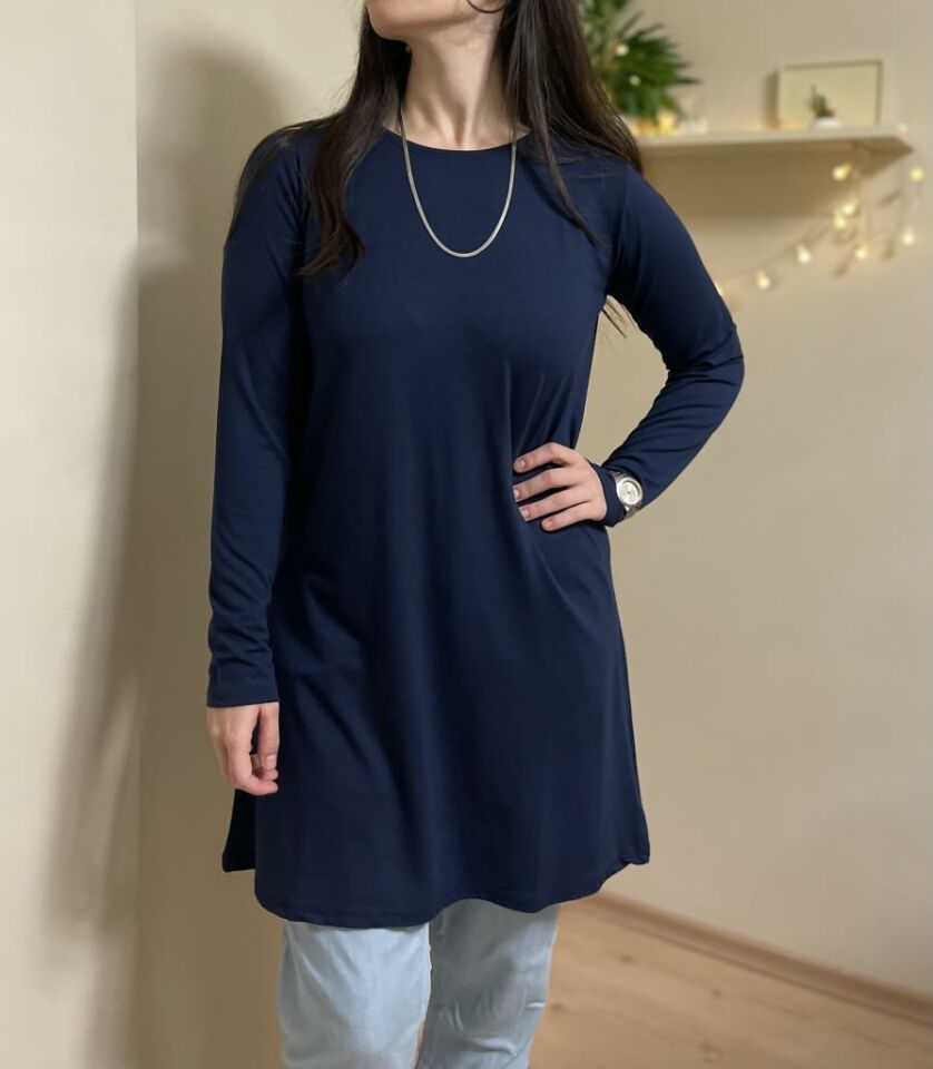  Kadın Uzun Kol Bisiklet Yaka Penye Tunik Içlik Dış Giyim Lacivert - S/M