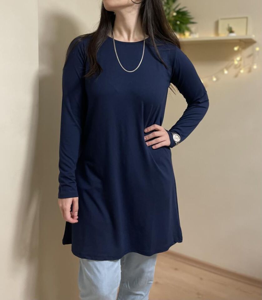  Kadın Uzun Kol Bisiklet Yaka Penye Tunik Içlik Dış Giyim Lacivert - L/XL