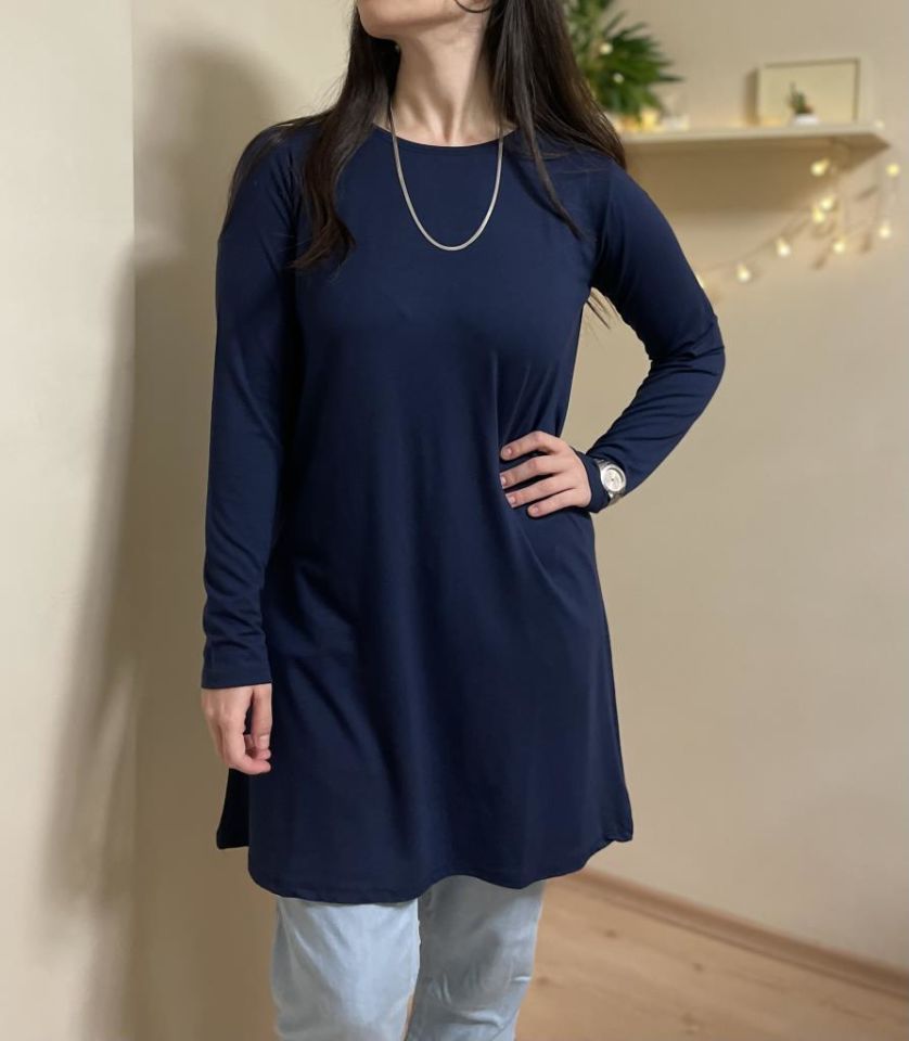  Kadın Uzun Kol Bisiklet Yaka Penye Tunik Içlik Dış Giyim Lacivert - 2XL/3XL