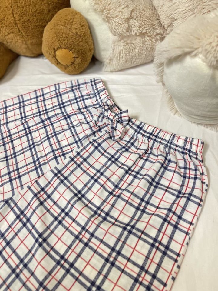 Kadın %100 Pamuklu Süprem Desenli Yumuşak Basic Mini Şort MS.Kırmızı Şerit Beyaz Kare - XXL