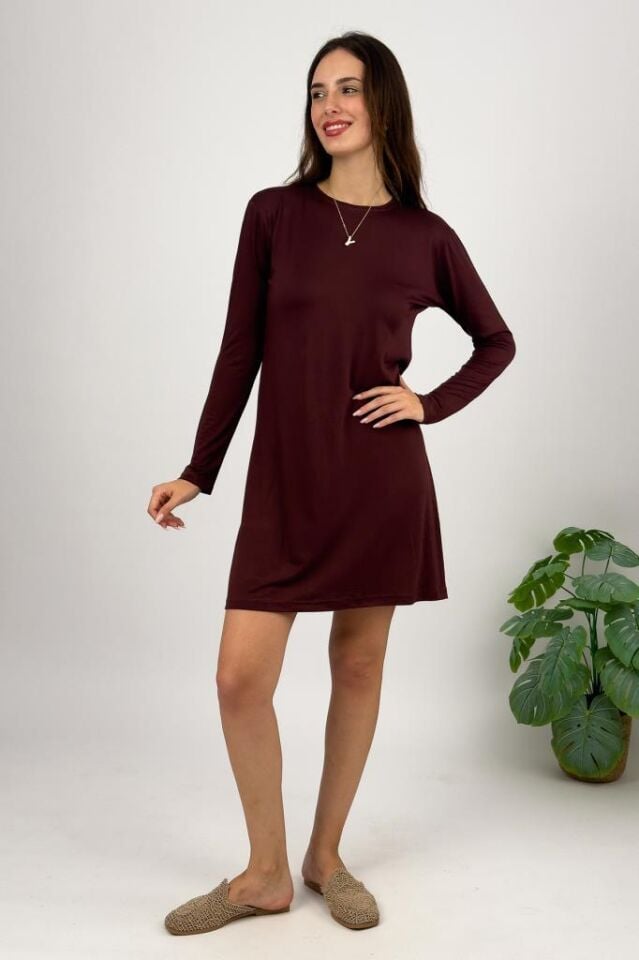  Kadın Uzun Kol Bisiklet Yaka Penye Tunik Içlik Dış Giyim Kahve - S/M