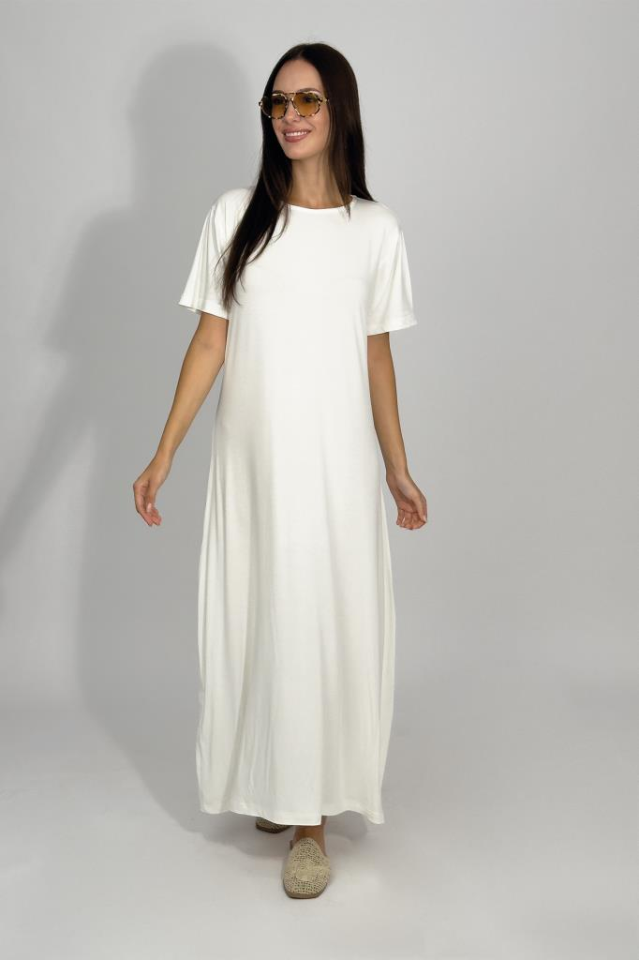 Kadın Yazlık Kısa Kollu Viskon Midi Boy Bisiklet Yaka Elbise EKRU - 2XL/3XL