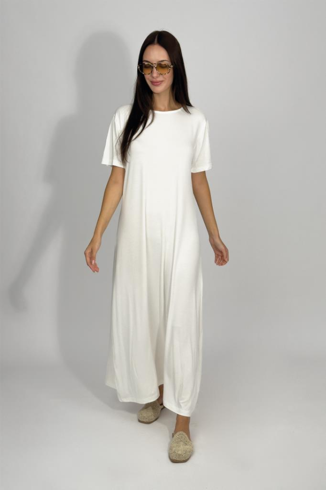 Kadın Yazlık Kısa Kollu Viskon Midi Boy Bisiklet Yaka Elbise EKRU - 2XL/3XL