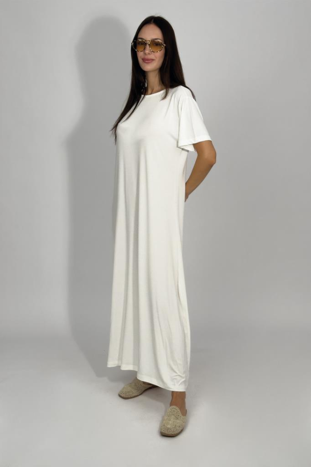 Kadın Yazlık Kısa Kollu Viskon Midi Boy Bisiklet Yaka Elbise EKRU - 2XL/3XL