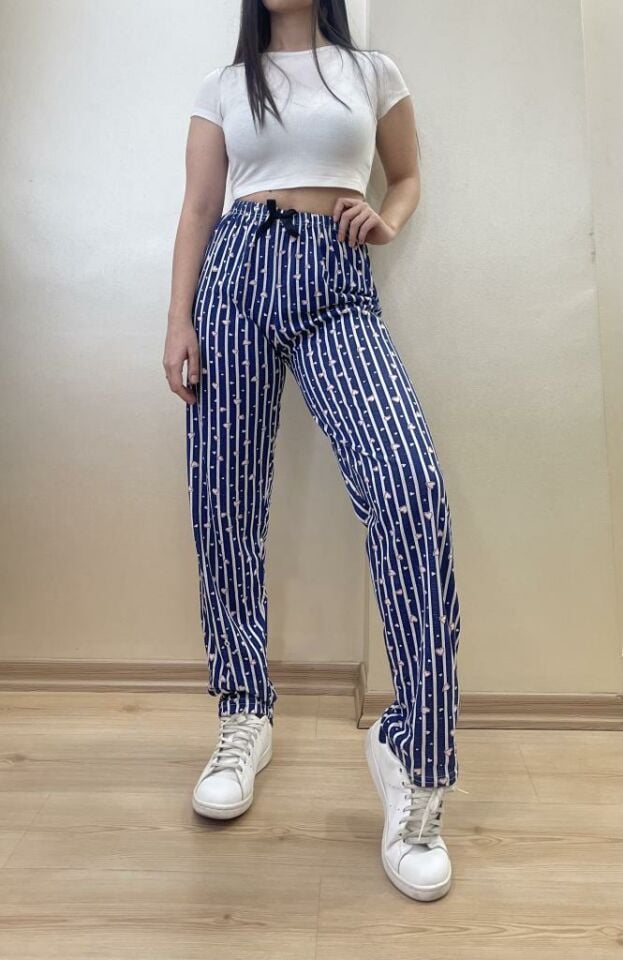 Kadın Lastikli Bel %100 Pamuk Kurdeleli Desenli Pijama Altı 22.2 Laci - L