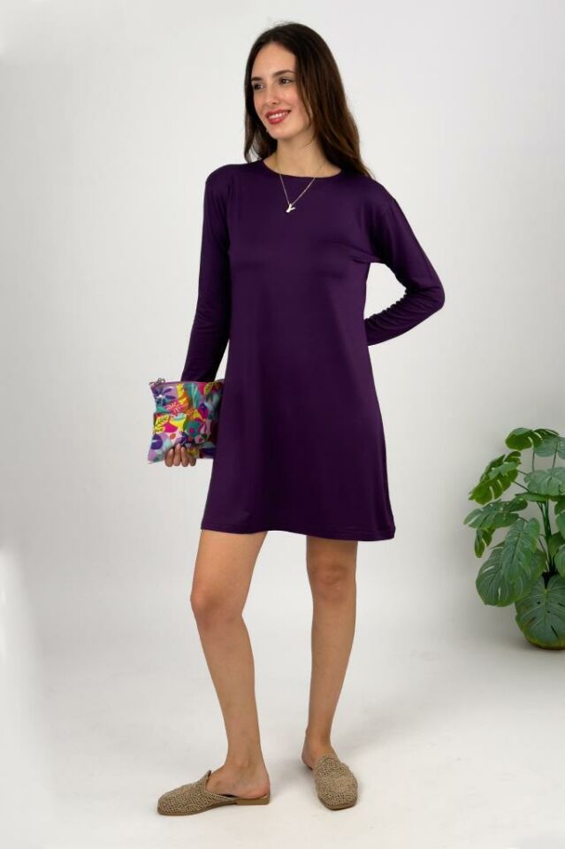  Kadın Uzun Kol Bisiklet Yaka Penye Tunik Içlik Dış Giyim Mürdüm - 2XL/3XL