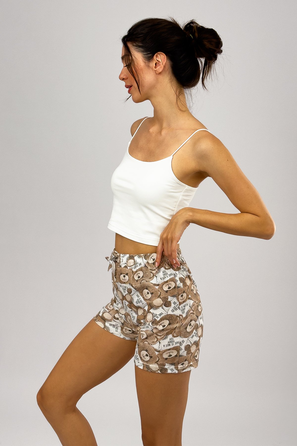 Kadın %100 Pamuklu Süprem Desenli Yumuşak Basic Mini Şort MS.Kahverengi Ayıcık - XXL