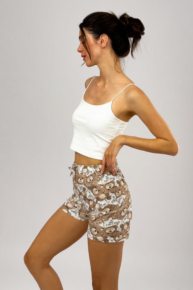 Kadın %100 Pamuklu Süprem Desenli Yumuşak Basic Mini Şort MS.Kahverengi Ayıcık - XXL