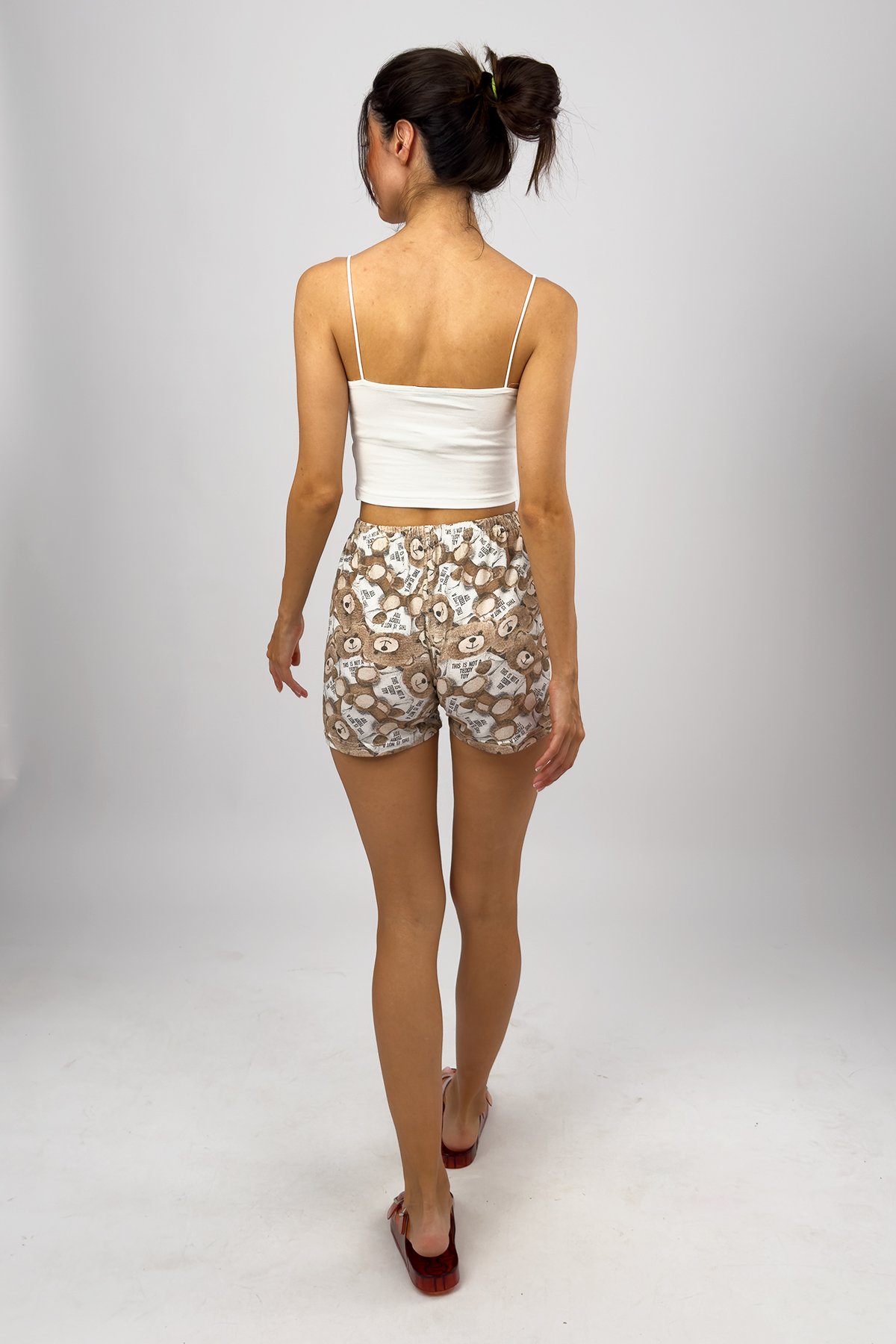 Kadın %100 Pamuklu Süprem Desenli Yumuşak Basic Mini Şort MS.Kahverengi Ayıcık - XXL
