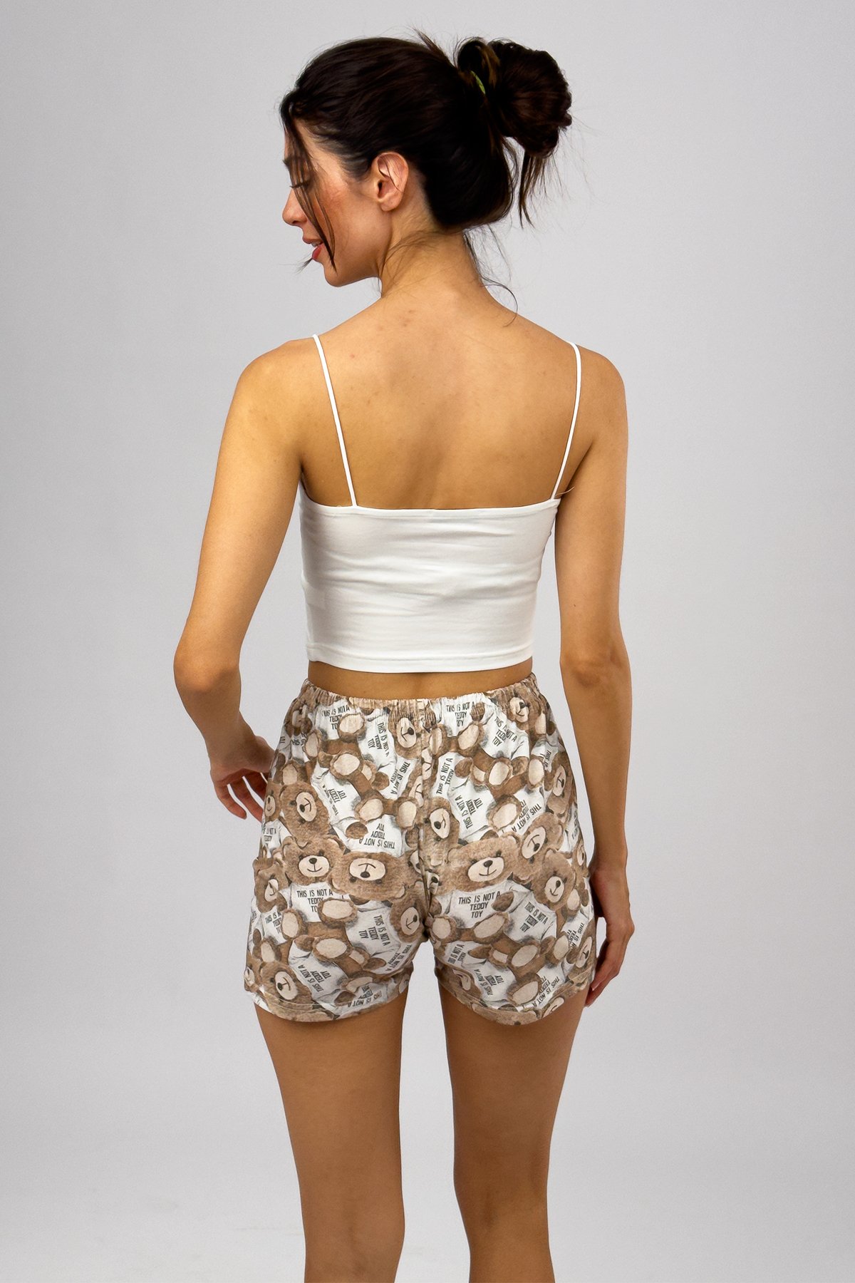 Kadın %100 Pamuklu Süprem Desenli Yumuşak Basic Mini Şort MS.Kahverengi Ayıcık - XXL