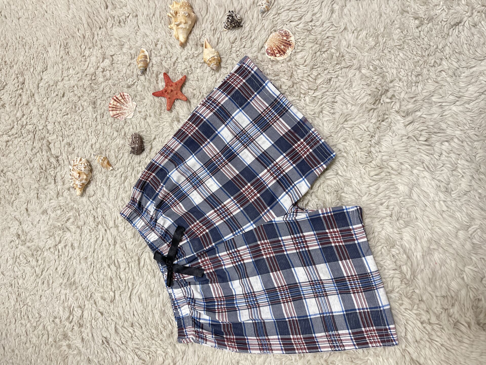 %100 Pamuk Kadın Yüksek Bel Dört Mevsim Şort Pijama Kahverengi Kare - L