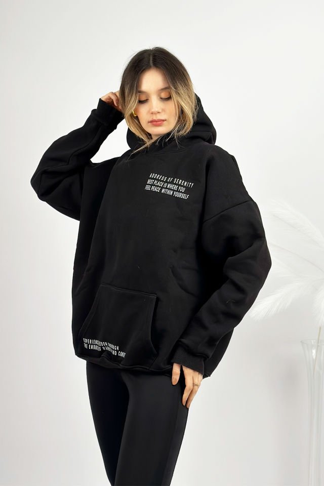 Kapüşonlu Cepli Oversize Pamuklu Hoodie Rahat Sweatshirt SİYAH - S
