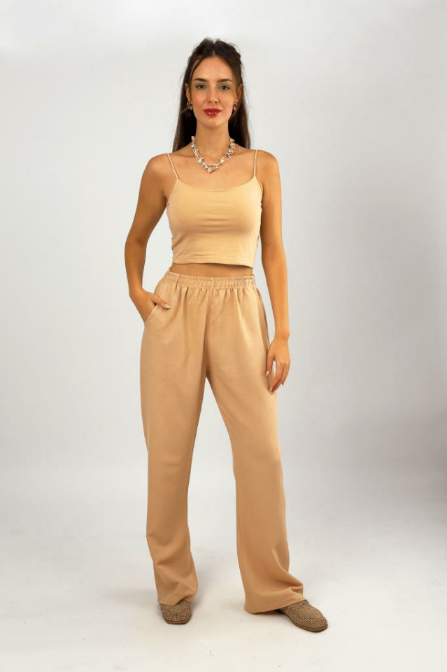 Kadın Pamuk Keten Cepli Bol Kesim Oversize Palazzo Pantolon BEJ - S