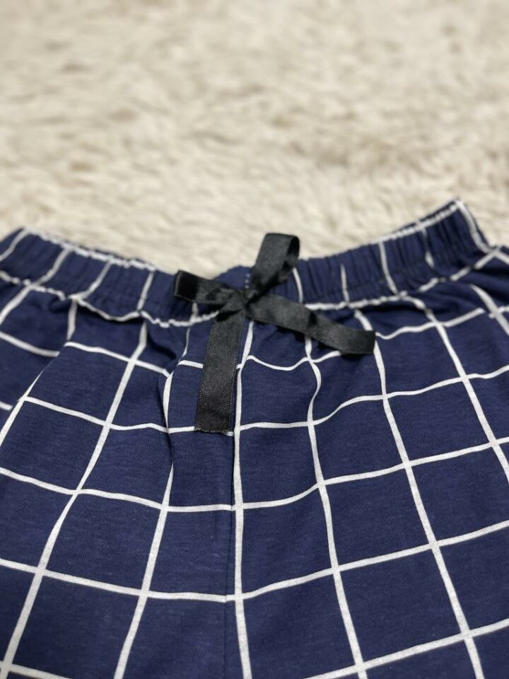 %100 Pamuk Kadın Yüksek Bel Dört Mevsim Şort Pijama Beyaz Çizgili - S
