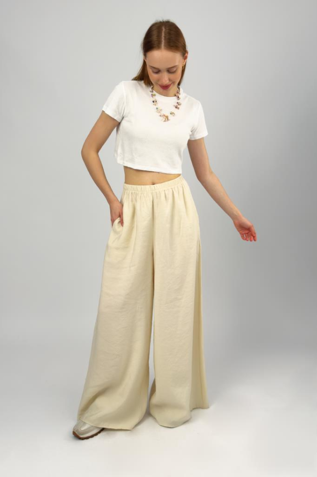 Kadın Modal Yüksek Bel Cepli Beli Lastikli Bol Paça Pantolon