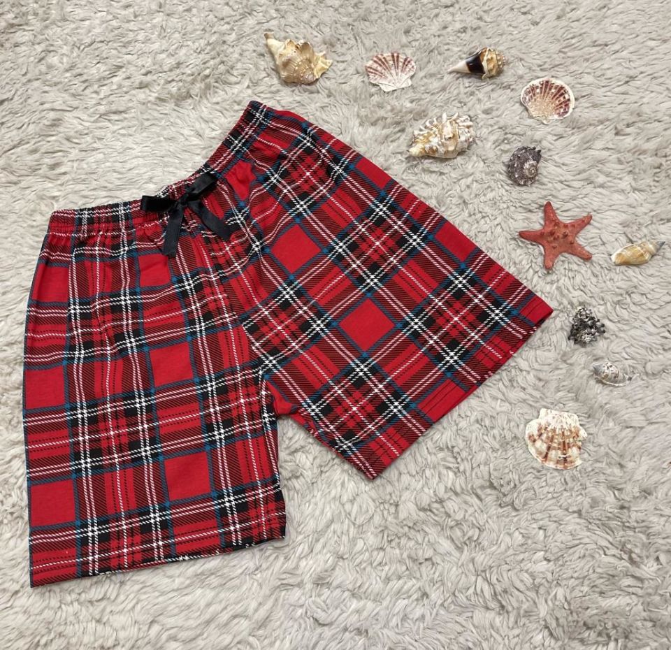 %100 Pamuk Kadın Yüksek Bel Dört Mevsim Şort Pijama Kırmızı Yeşil - L
