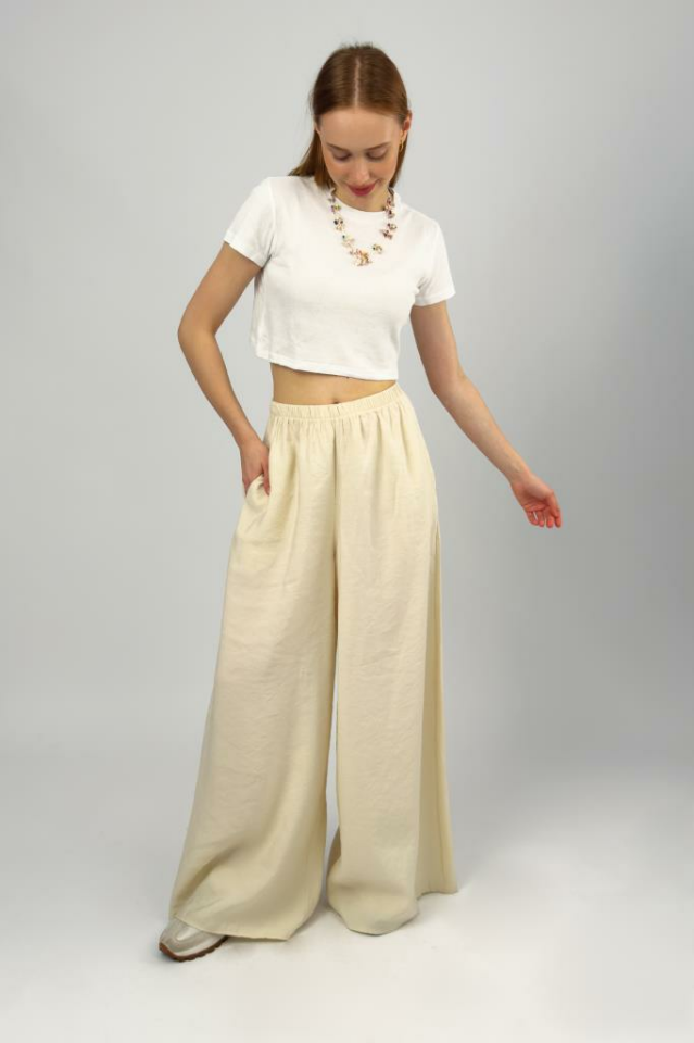 Kadın Modal Yüksek Bel Cepli Beli Lastikli Bol Paça Pantolon Bej - M