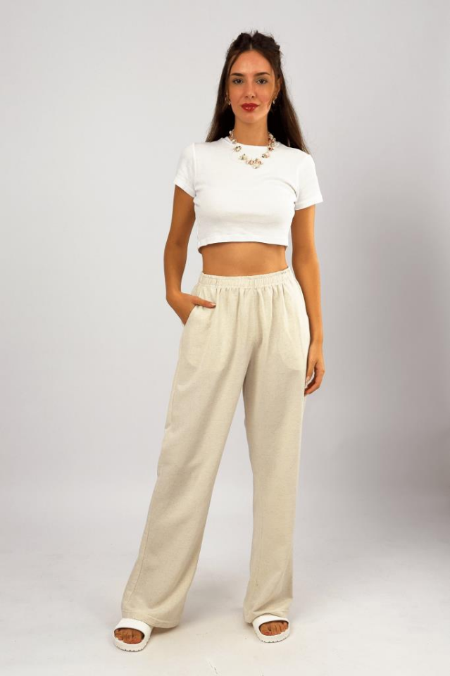 Kadın Pamuk Keten Cepli Bol Kesim Oversize Palazzo Pantolon EKRU - 2XL
