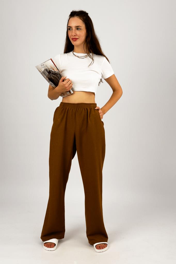 Kadın Pamuk Keten Cepli Bol Kesim Oversize Palazzo Pantolon KAHVERENGİ - S