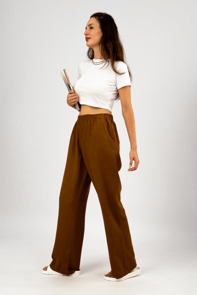 Kadın Pamuk Keten Cepli Bol Kesim Oversize Palazzo Pantolon KAHVERENGİ - S