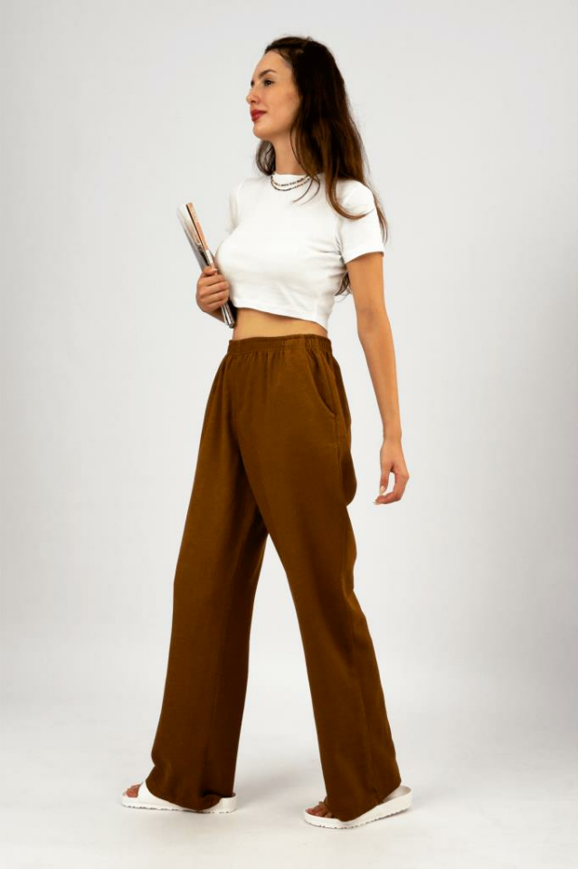 Kadın Pamuk Keten Cepli Bol Kesim Oversize Palazzo Pantolon KAHVERENGİ - S