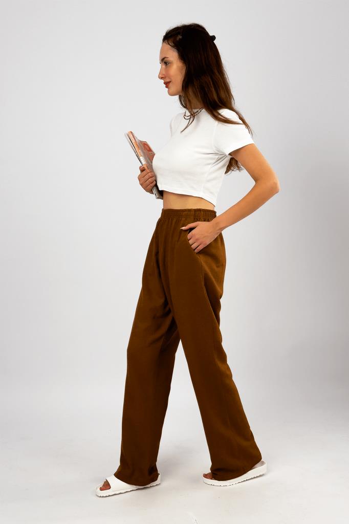 Kadın Pamuk Keten Cepli Bol Kesim Oversize Palazzo Pantolon KAHVERENGİ - S
