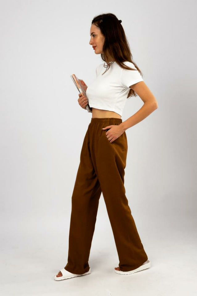 Kadın Pamuk Keten Cepli Bol Kesim Oversize Palazzo Pantolon KAHVERENGİ - S