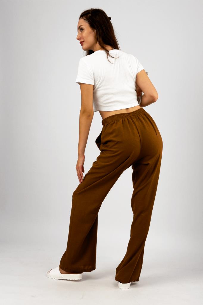 Kadın Pamuk Keten Cepli Bol Kesim Oversize Palazzo Pantolon KAHVERENGİ - S