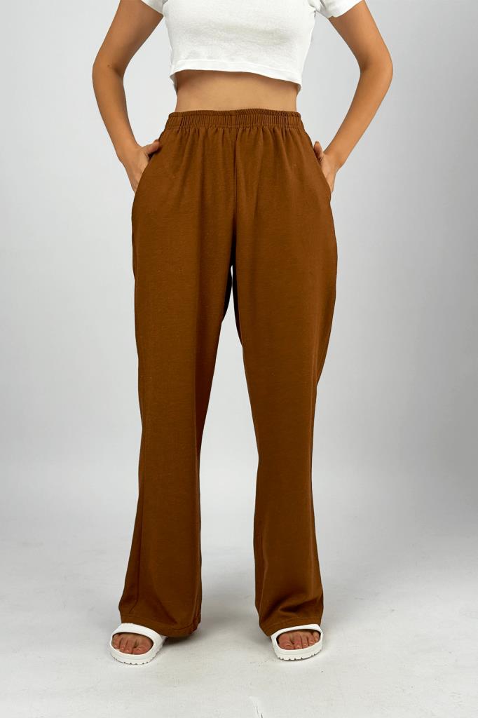 Kadın Pamuk Keten Cepli Bol Kesim Oversize Palazzo Pantolon KAHVERENGİ - S