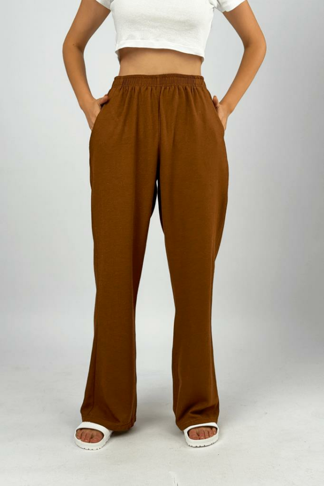 Kadın Pamuk Keten Cepli Bol Kesim Oversize Palazzo Pantolon KAHVERENGİ - S