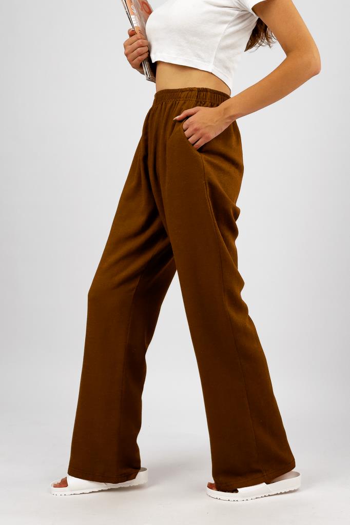 Kadın Pamuk Keten Cepli Bol Kesim Oversize Palazzo Pantolon KAHVERENGİ - S