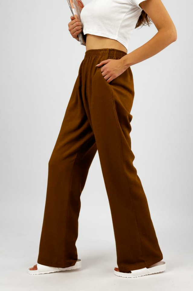 Kadın Pamuk Keten Cepli Bol Kesim Oversize Palazzo Pantolon KAHVERENGİ - S