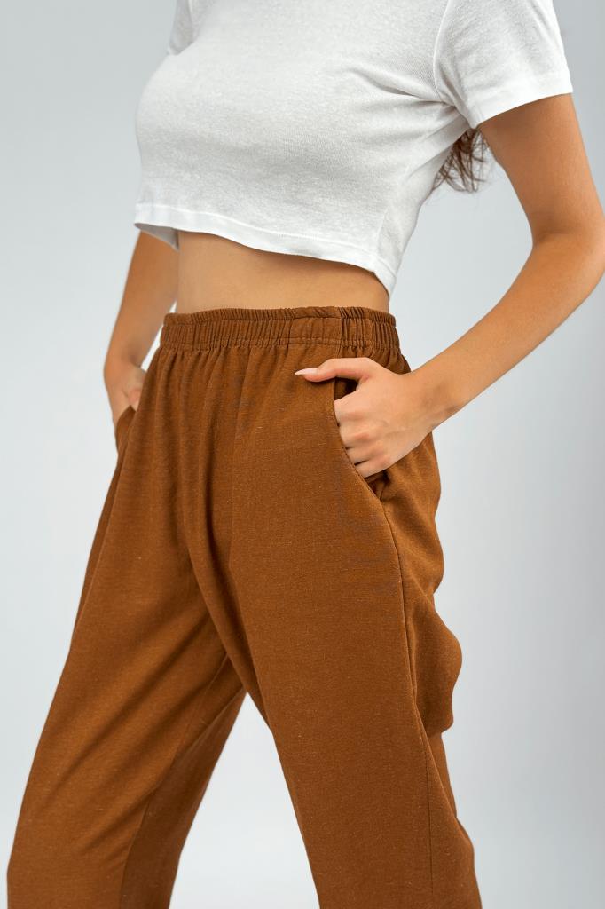 Kadın Pamuk Keten Cepli Bol Kesim Oversize Palazzo Pantolon KAHVERENGİ - S